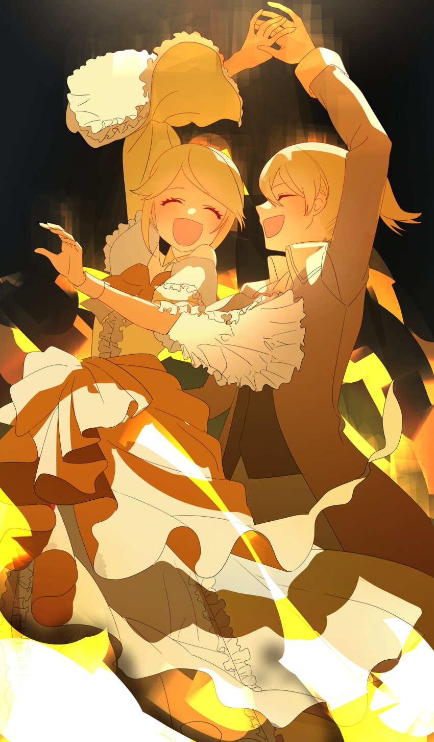 ^_^ absurdres aku_no_meshitsukai_(vocaloid) aku_no_musume_(vocaloid) allen_avadonia anniversary arm_up ascot blonde_hair bow brother_and_sister brown_jacket brown_vest choker closed_eyes collared_apron collared_jacket dancing dress dress_bow dress_ribbon embers evillious_nendaiki eyelashes fire frilled_dress frilled_sleeves frills hair_bow happy high_ponytail highres jacket kagamine_len kagamine_rin long_sleeves off-shoulder_shirt off_shoulder orange_bow orange_ribbon orange_theme paldu pants petticoat ponytail ribbon riliane_lucifen_d&#039;autriche shirt short_ponytail siblings smile swept_bangs symbolism twins updo vest vocaloid white_pants wide_sleeves yellow_choker yellow_dress