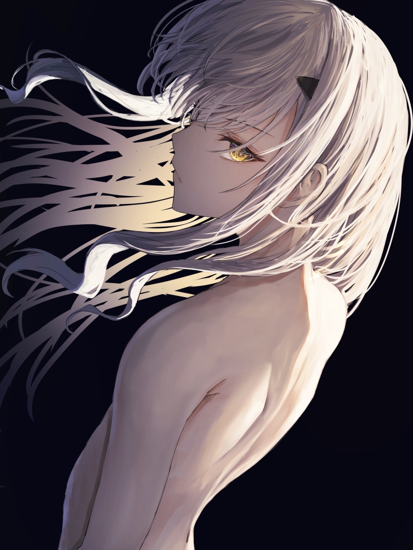 1girl absurdres black_background completely_nude fate/grand_order fate_(series) highres looking_back melusine_(fate) nude sideways_glance solo white_hair yagi_(yagi5art) yellow_eyes