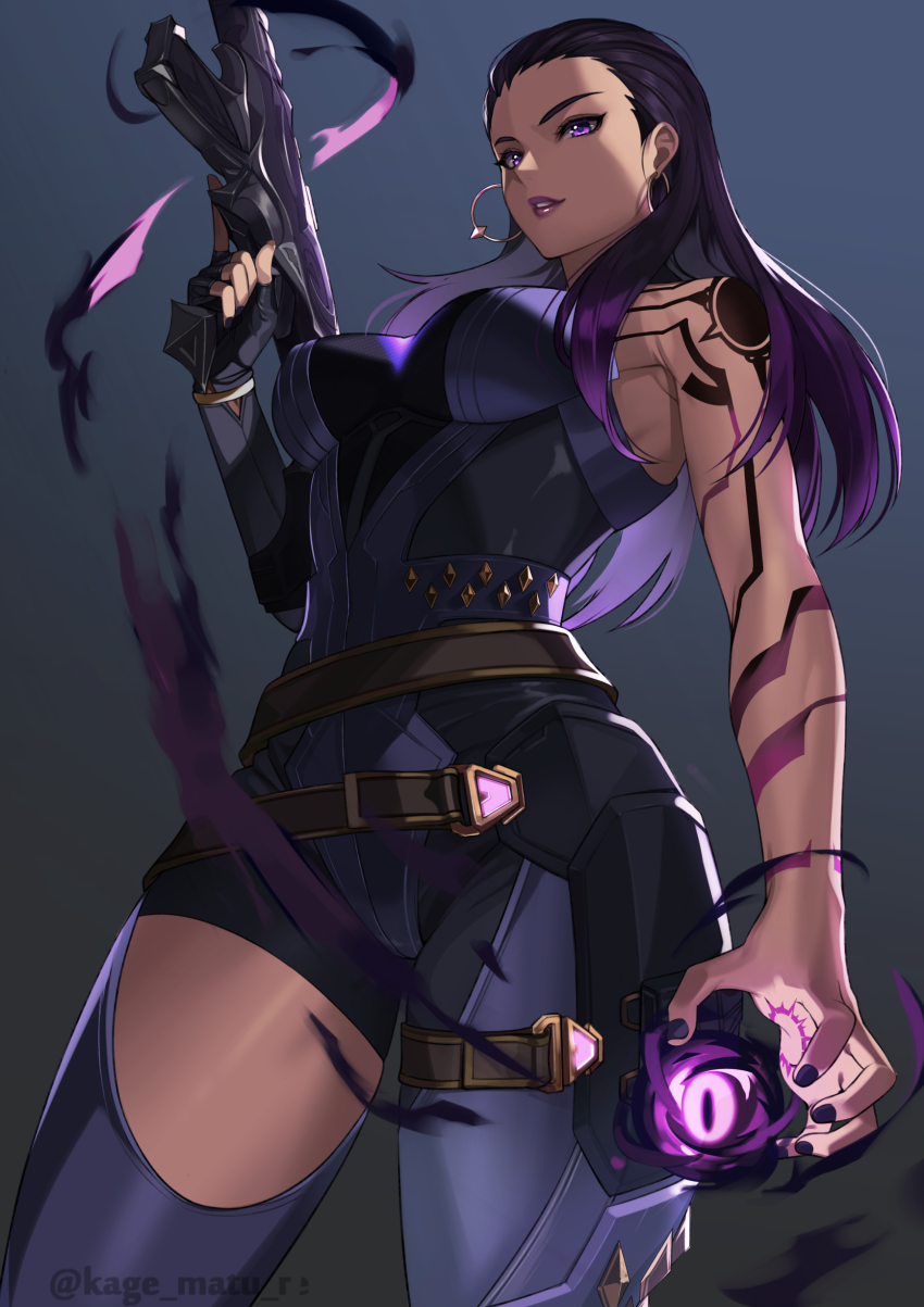 1girl absurdres animification bare_shoulders breasts earrings from_below highres holding holding_weapon jewelry kagematsuri large_breasts long_hair looking_at_viewer nail_polish parted_lips purple_eyes purple_hair purple_nails reyna_(valorant) simple_background smile thigh_strap valorant weapon