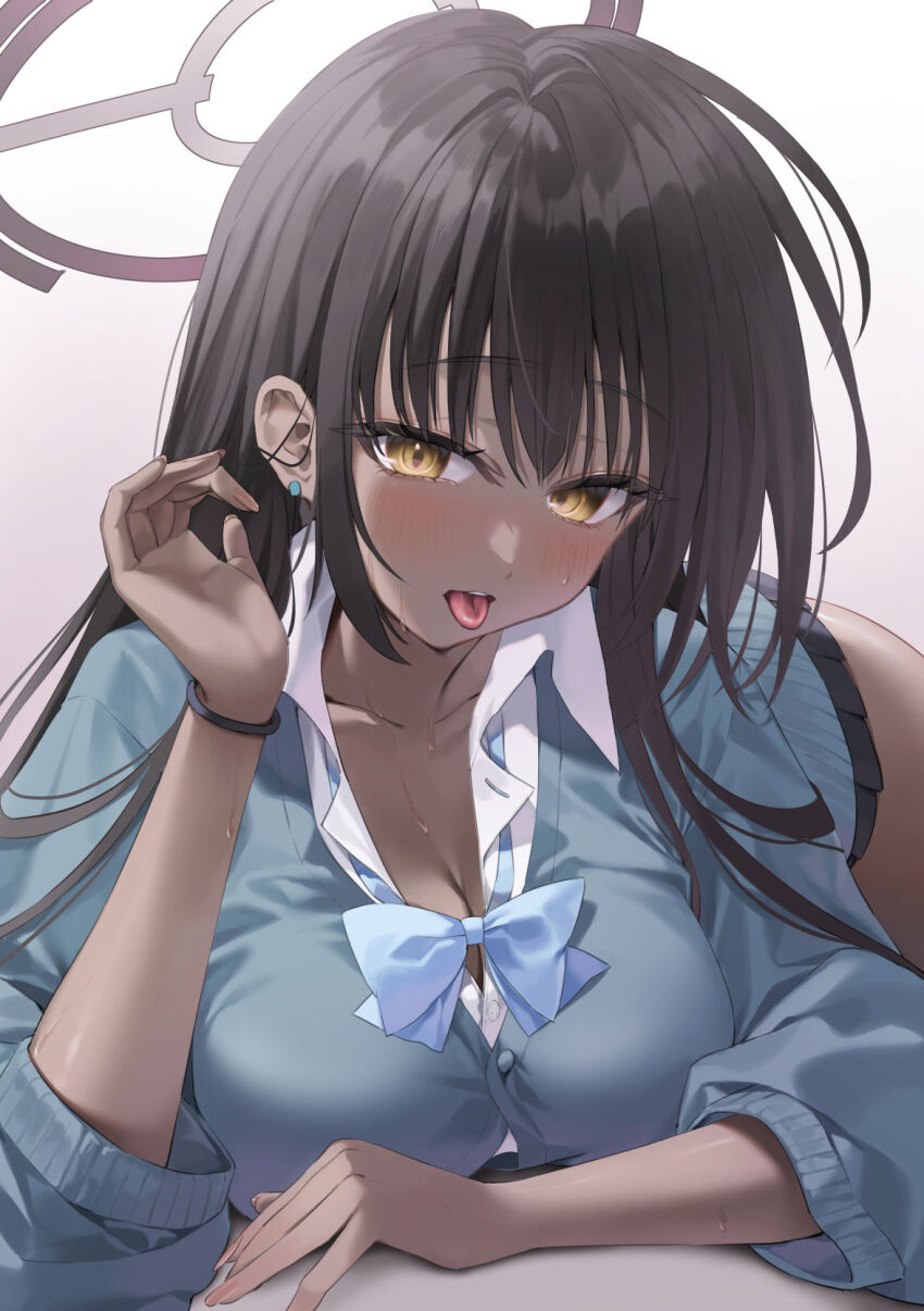1girl :p black_hair blue_archive blue_cardigan blush breasts cardigan cleavage collarbone collared_shirt commentary_request dark-skinned_female dark_skin fingernails hair_between_eyes halo highres karin_(blue_archive) karin_(school_uniform)_(blue_archive) large_breasts long_hair looking_at_viewer official_alternate_costume open_mouth purple_halo shirt solo sweat teeth tongue tongue_out upper_teeth_only very_long_hair white_background white_shirt yana_mori yellow_eyes