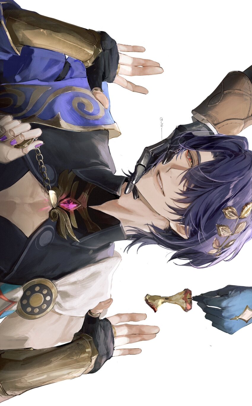 2boys 2girls apple apple_core artist_name blue_gloves commentary_request curtained_hair doll_joints dr._ratio_(honkai:_star_rail) fingernails food fruit glove_cutout gloves grin hair_ornament hair_over_one_eye hand_on_another&#039;s_face hands_up herta_(honkai:_star_rail) highres holding holding_food holding_fruit honkai:_star_rail honkai_(series) joints leaf_hair_ornament long_sleeves looking_at_viewer male_focus multiple_boys multiple_girls nail_polish one_eye_covered out_of_frame purple_hair purple_nails red_eyes robot_joints ruan_mei_(honkai:_star_rail) screwllum_(honkai:_star_rail) short_hair sideways simple_background smile solo_focus surrounded_by_hands teeth twitter_username upper_body vyqi white_background
