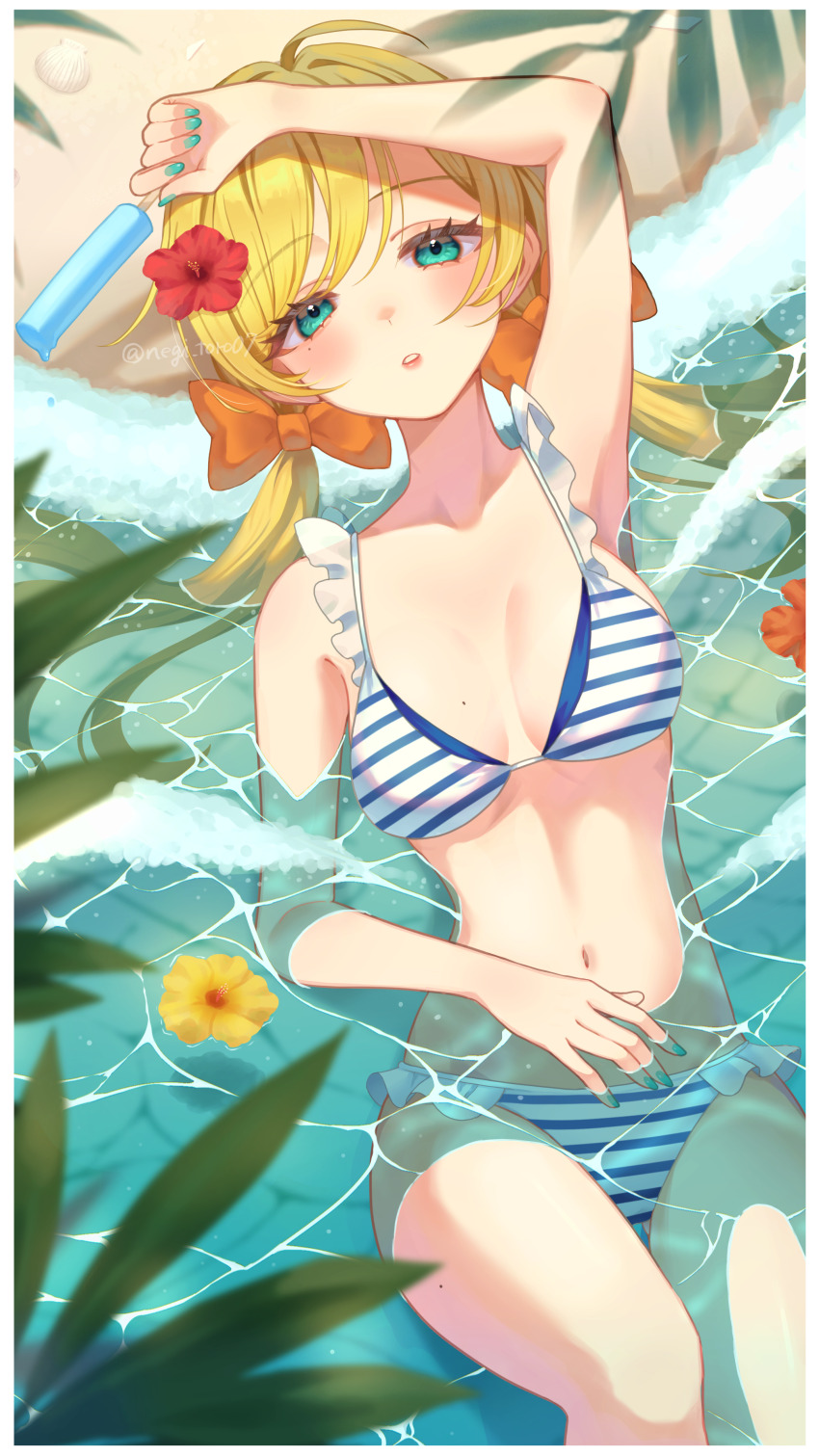 1girl absurdres aqua_eyes beach bikini blonde_hair blue_bikini bow breasts flower food hair_between_eyes hair_bow highres holding holding_food holding_popsicle low_twintails lying medium_breasts midriff nagi-negitoro navel ocean orange_bow original popsicle stomach striped_bikini striped_clothes swimsuit twintails white_bikini
