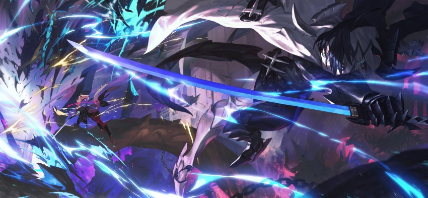 2girls absurdres alchemy_stars armored_boots battle belt black_hair black_jacket blonde_hair bodysuit boots building cape chain commentary_request debris dragon_horns dragon_tail electricity game_cg gauntlets high_heel_boots high_heels highres holding holding_sword holding_weapon horns jacket korean_commentary long_hair monster multicolored_hair multiple_girls ponytail red_ribbon ribbon sharona_(alchemy_stars) slashing sword tail two-tone_hair vivian_(alchemy_stars) wan_young_yun weapon white_cape white_hair