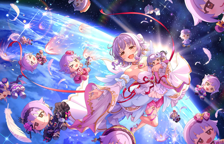 &gt;_&lt; belt chibi choker detached_sleeves dress feathers floating game_cg hair_intakes hat holding idolmaster idolmaster_cinderella_girls idolmaster_cinderella_girls_starlight_stage koshimizu_sachiko mini_hat official_art one_eye_closed open_mouth planet purple_hair skirt sky smile star_(sky) starry_sky sun wings yellow_eyes