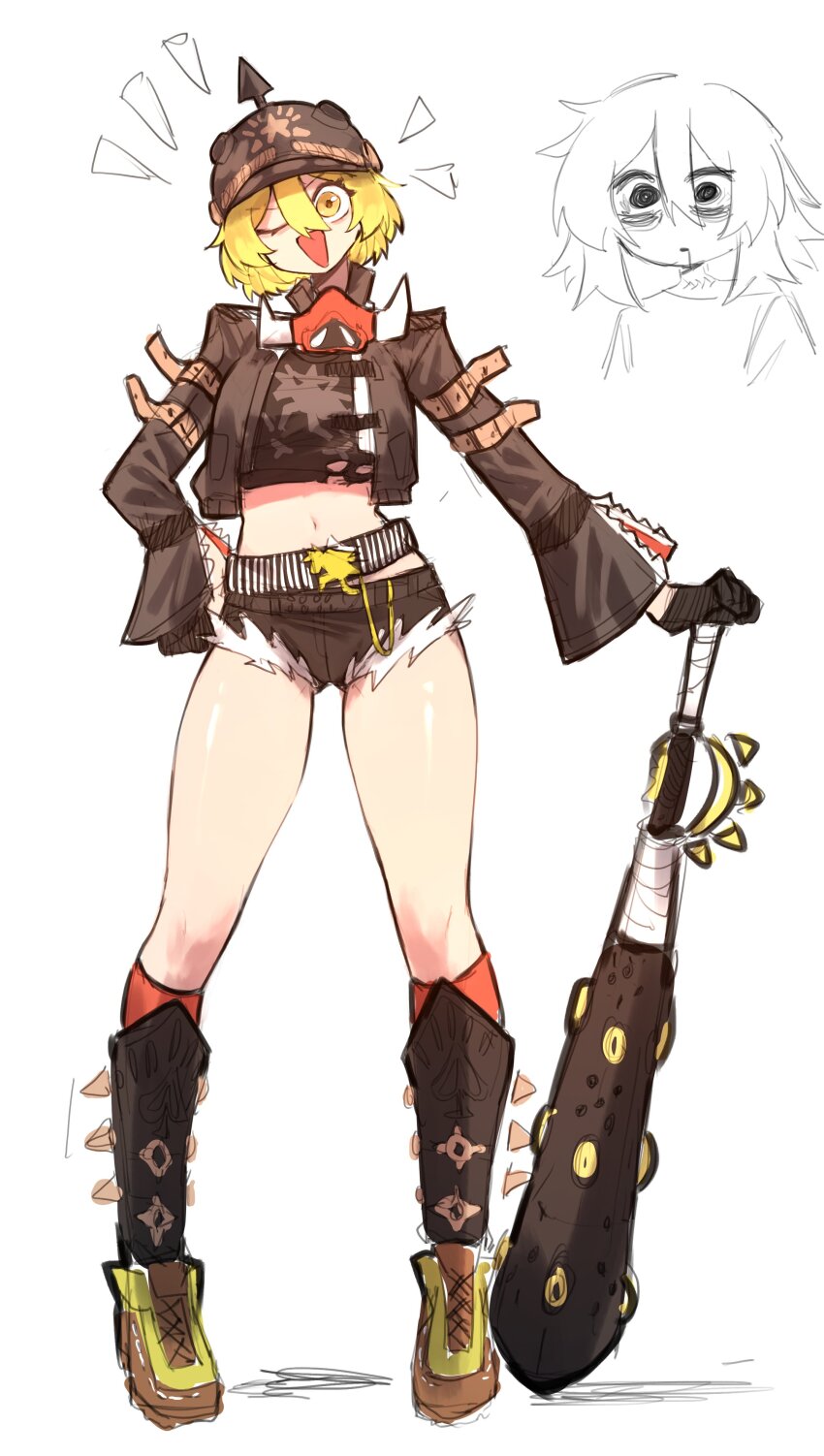1girl absurdres baseball_bat black_boots black_gloves black_helmet black_jacket black_shirt black_shorts blonde_hair boots cosplay don_quixote_(project_moon) full_body gloves helmet highres jacket limbus_company looking_at_viewer luciana_de_montefio luciana_de_montefio_(cosplay) micro_shorts nail nail_(hardware) nail_bat one_eye_closed open_mouth original project_moon shig_(shigezie) shigezie shirt shorts simple_background smile solo white_background yellow_eyes zenless_zone_zero