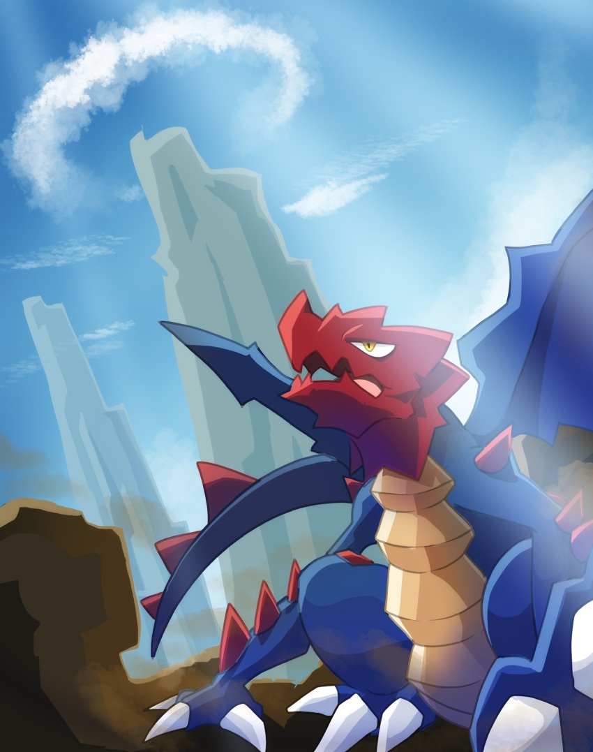 animal_focus blue_sky claws cloud dragon druddigon game_freak gen_5_pokemon highres nikkado nintendo no_humans open_mouth outdoors pokemon pokemon_(creature) sharp_teeth sky spiked_tail tail teeth wings yellow_eyes