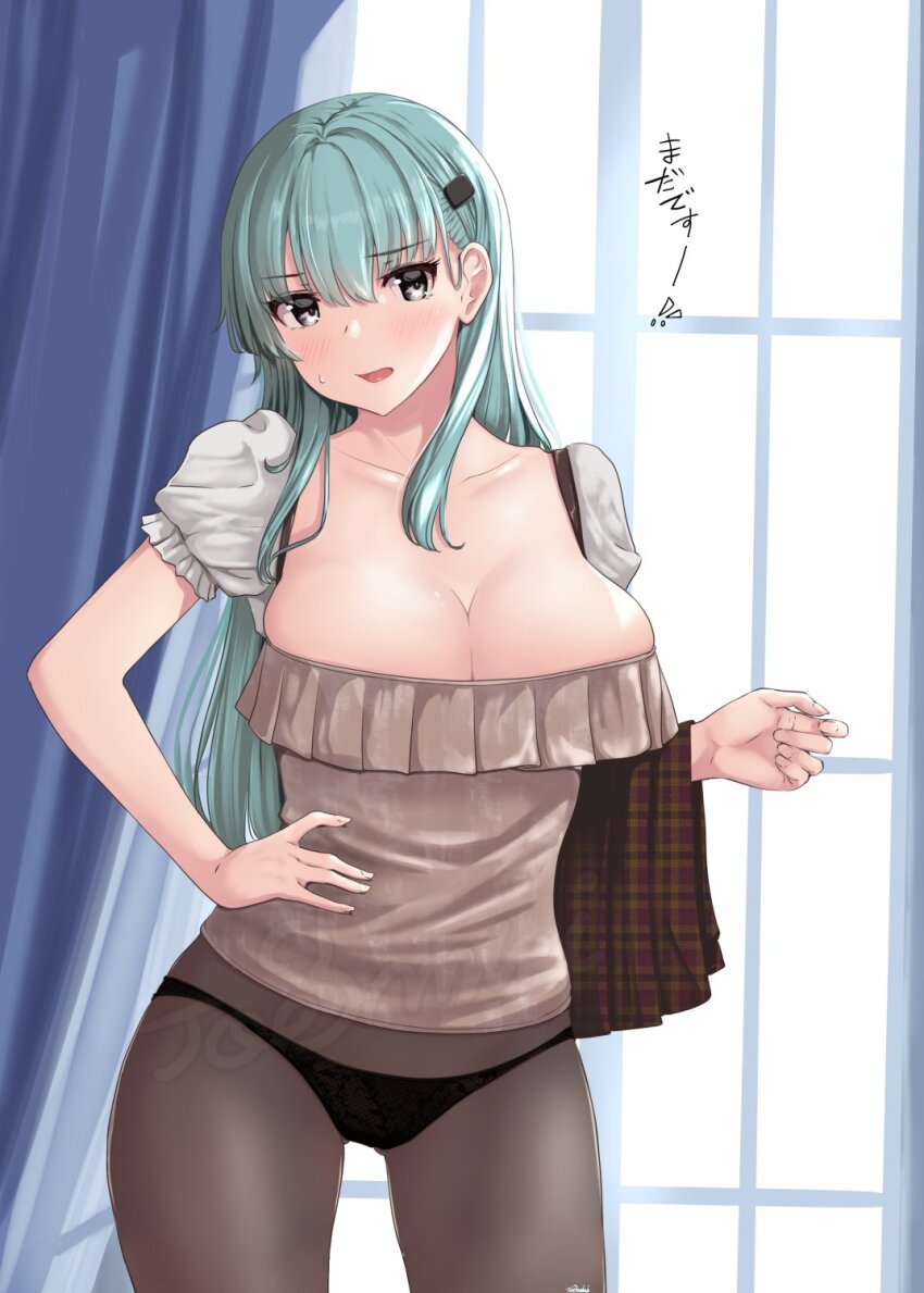 1girl alternate_costume aqua_eyes aqua_hair black_panties black_pantyhose blush breasts brown_skirt collarbone cowboy_shot curtains day embarrassed frilled_shirt frills hair_ornament hairclip highres indoors jouzaburou_(joe3) kantai_collection large_breasts long_hair no_bra panties pantyhose pleated_skirt puffy_short_sleeves puffy_sleeves school_uniform shirt short_sleeves skirt solo suzuya_(kancolle) underwear unworn_skirt window