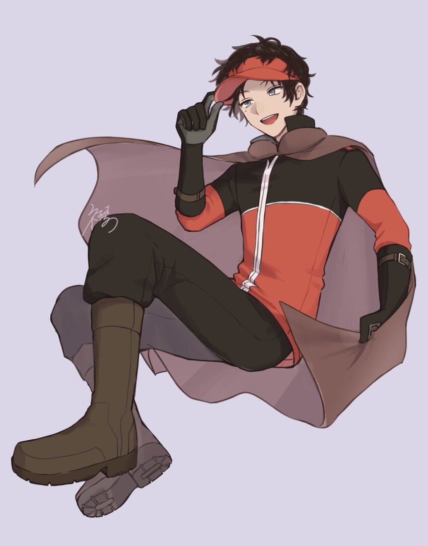 1boy adjusting_clothes adjusting_headwear black_gloves black_hair black_jacket black_pants brown_cape cape erinan full_body gloves grey_eyes hat highres jacket male_focus mole mole_under_eye multicolored_hair multicolored_jacket oki_kouji open_mouth pants purple_background red_hat red_jacket short_hair signature simple_background smile solo teeth two-tone_hair two-tone_jacket upper_teeth_only world_trigger
