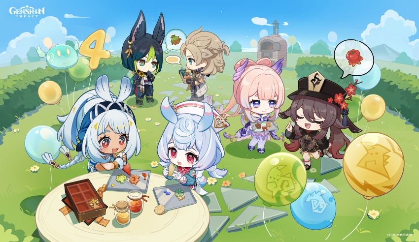 2boys 4girls albedo_(genshin_impact) anemo_slime_(genshin_impact) animal_ears balloon bare_shoulders black_footwear black_gloves black_hair black_hat black_shirt black_shorts blue_hair braid brown_hair chibi closed_eyes closed_mouth cloud commentary cookie dark-skinned_female dark_skin day dot_nose english_commentary flower food genshin_impact gloves gradient_hair green_hair hair_between_eyes harra_fruit_(genshin_impact) hat hat_flower highres holding holding_pastry_bag hu_tao_(genshin_impact) icing jar jueyun_chili_pepper_(genshin_impact) light_brown_hair long_hair long_sleeves medium_hair mualani_(genshin_impact) multicolored_hair multiple_boys multiple_girls official_art outdoors pants pastry_bag pink_hair puffy_long_sleeves puffy_sleeves purple_eyes purple_thighhighs red_eyes red_flower sangonomiya_kokomi shirt shorts sigewinne_(genshin_impact) slime_(genshin_impact) socks spoken_food standing standing_on_one_leg streaked_hair symbol-shaped_pupils tassel thighhighs tighnari_(genshin_impact) tray twin_braids very_long_hair white_socks yellow_flower