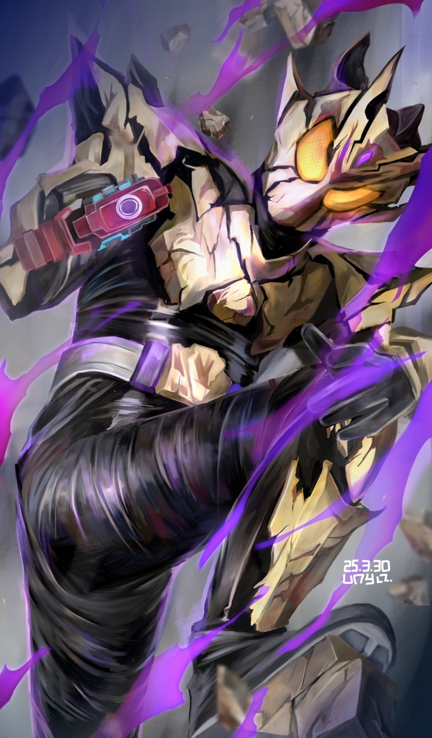 2025 20s adk-em armor artist_name bakemagnum bandai bandai_namco chocolate compound_eyes cookie cracked_armor dated food grey_background gun highres ishimori_prod kamen_rider kamen_rider_bake kamen_rider_bake_breacookie_form kamen_rider_gavv_(series) purple_aura rider_belt tagme toei_company tokusatsu tv_asahi undersuit unya0506 weapon