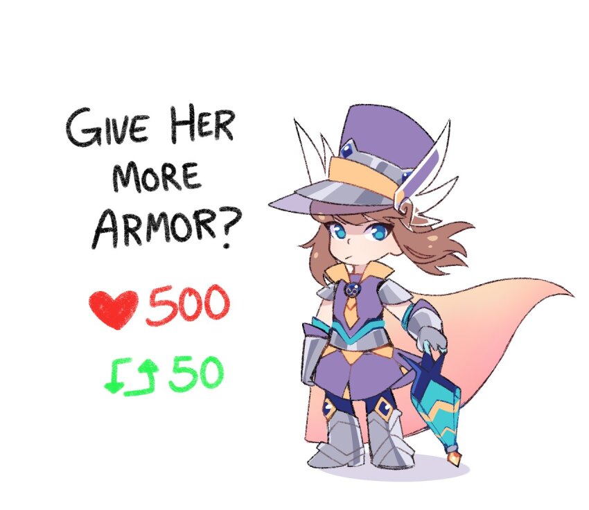 1girl :/ ? a_hat_in_time alternate_costume armor armored_boots armored_gloves blue_eyes blue_gemstone blue_umbrella boots brown_hair cape child closed_mouth closed_umbrella commentary english_commentary english_text full_body gauntlets gem gradient_cape grey_boots hat hat_kid heart holding holding_umbrella like_and_retweet looking_at_viewer looking_to_the_side medium_hair multicolored_cape multicolored_skirt pauldrons pink_cape ponytail purple_hat purple_shirt purple_skirt reverse_strip_game shadow shako_cap shirt short_sleeves shoulder_armor sidelocks simple_background skirt solo standing twitter_strip_game two-tone_skirt umbrella white_background winged_hat xxfaylinnxx yellow_cape yellow_skirt
