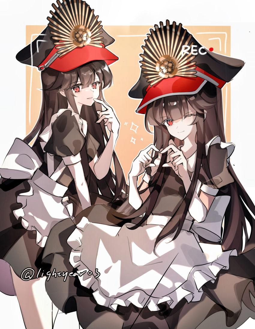 1girl absurdres alternate_costume apron black_dress black_hair black_hat dress enmaided fate/grand_order fate_(series) four-finger_heart_hands frills hand_up hat heart heart_hands highres long_hair looking_at_viewer maid oda_nobunaga_(fate) oda_nobunaga_(koha-ace) oda_uri one_eye_closed peaked_cap recording red_eyes short_sleeves simple_background smile twitter_username white_apron xixing_chun