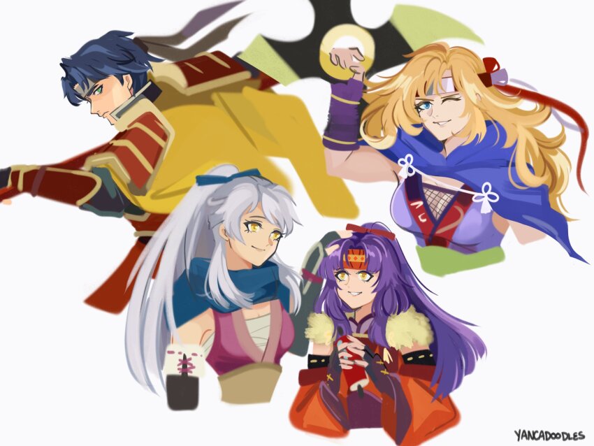 1boy 3girls armor blonde_hair blue_eyes blue_hair blue_scarf breasts cleavage detached_sleeves fingerless_gloves fire_emblem fire_emblem:_radiant_dawn fire_emblem_heroes gloves green_eyes grey_hair headband heather_(fire_emblem) heather_(ninja)_(fire_emblem) highres holding holding_scroll holding_shuriken holding_weapon long_hair medium_breasts micaiah_(fire_emblem) micaiah_(ninja)_(fire_emblem) multiple_girls nintendo official_alternate_costume official_alternate_hairstyle one_eye_closed ponytail purple_hair sanaki_kirsch_altina sanaki_kirsch_altina_(ninja) scarf scroll short_hair shuriken siblings sisters smile upper_body weapon white_background yancadoodles yellow_eyes zelgius_(fire_emblem) zelgius_(ninja)_(fire_emblem)