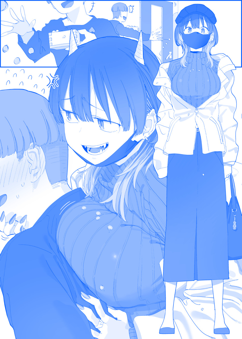 1boy 1girl ^^^ anger_vein bag beans beret blue_theme breast_press breasts character_request commentary_request door ear_piercing fangs full_body getsuyoubi_no_tawawa grabbing_another&#039;s_face hat head_grab highres himura_kiseki holding holding_bag horns jacket large_breasts long_sleeves looking_at_another mamemaki mask mask_pull masu medium_hair monochrome mouth_mask piercing setsubun shoes skirt sleeves_past_fingers sleeves_past_wrists standing sweater teeth turtleneck