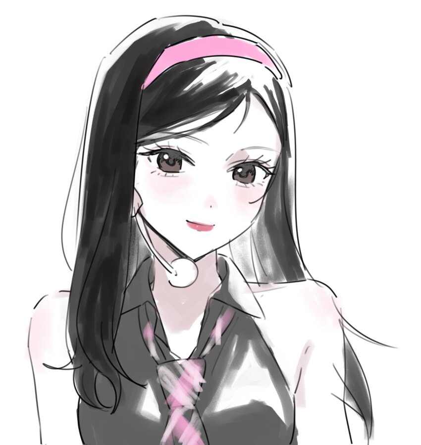 1girl aespa bad_id bad_twitter_id black_hair brown_eyes collared_shirt hairband highres k-pop looking_at_viewer microphone nacl5844277 necktie ningning_(aespa) pink_lips real_life red_hairband shirt simple_background sleeveless smile solo upper_body white_background