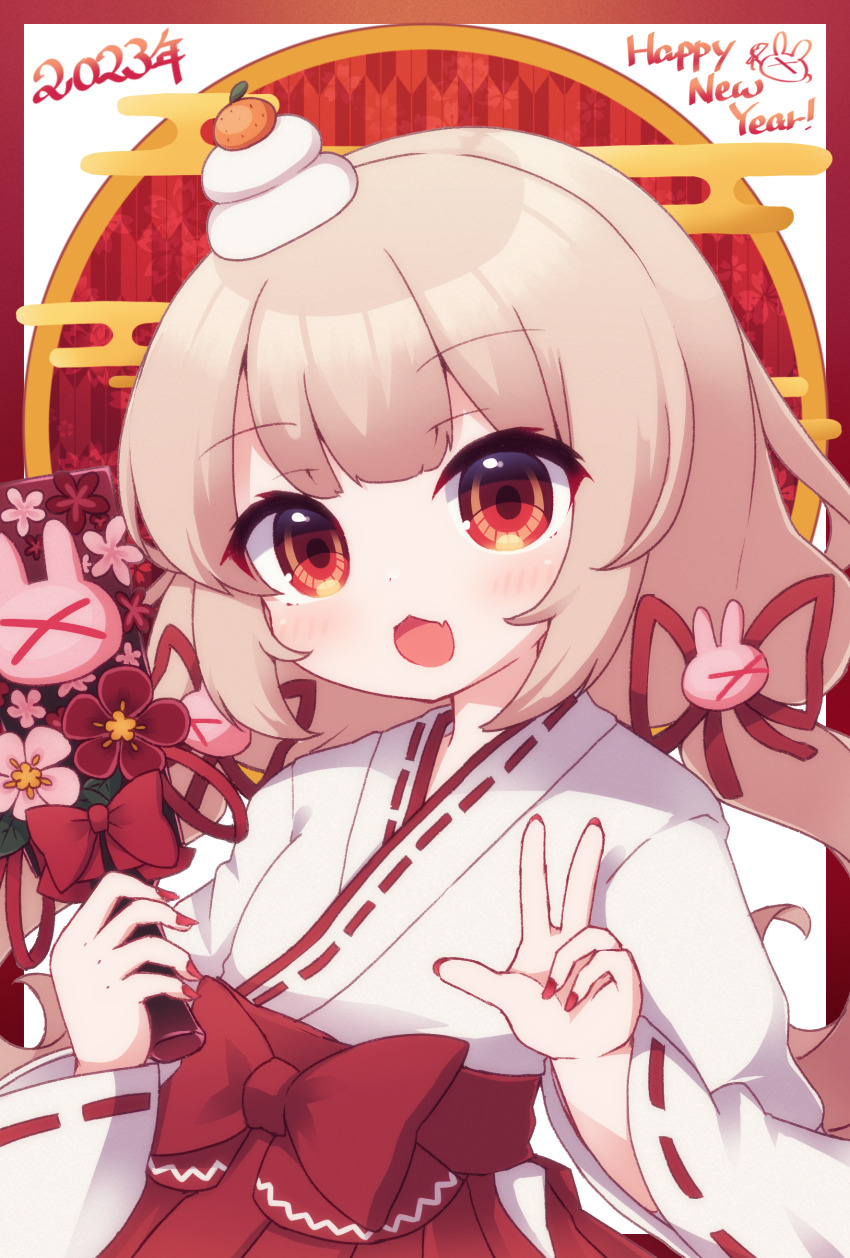 1girl :d absurdres brown_hair chinese_zodiac commentary_request egasumi fang flower hair_ornament hair_ribbon hakama hakama_skirt highres holding japanese_clothes kagami_mochi kimono long_hair long_sleeves looking_at_viewer low_twintails miko nail_polish natori_sana natori_sana_(miko) open_mouth pink_flower rabbit_hair_ornament red_eyes red_flower red_hakama red_nails red_ribbon rensei ribbon ribbon-trimmed_sleeves ribbon_trim sana_channel skirt smile solo twintails very_long_hair virtual_youtuber white_kimono wide_sleeves yagasuri year_of_the_rabbit