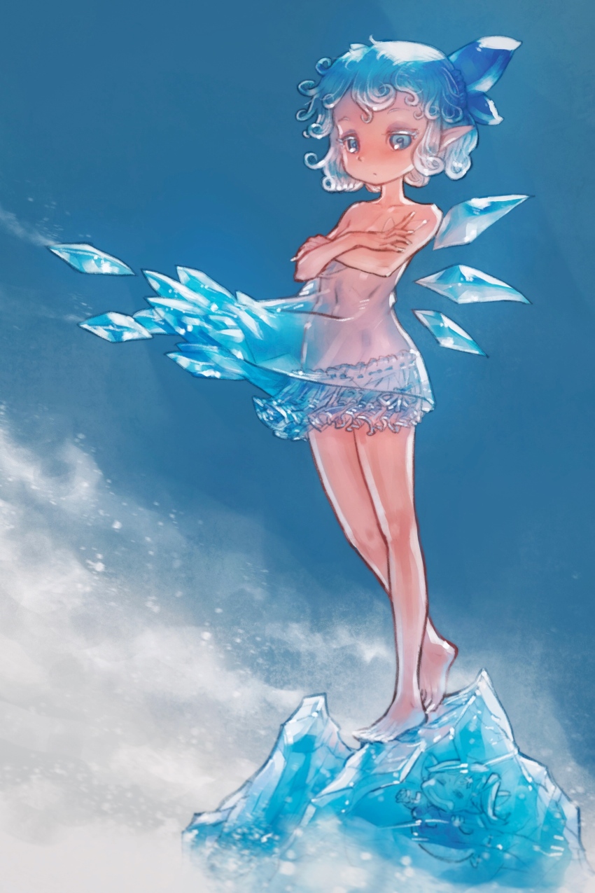2girls absurdres barefoot blue_eyes blue_hair blush cirno cirno_day commentary_request crossed_arms daiyousei dress expressionless flat_chest frozen full_body highres ice ice_wings multiple_girls navel pointy_ears see-through_clothes see-through_dress short_hair touhou wavy_hair wings yst