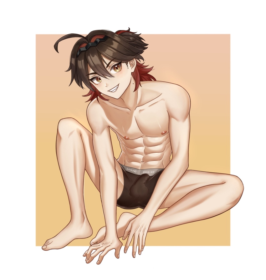 1boy abs barefoot brown_eyes brown_hair brown_male_underwear bulge feet gaming_(genshin_impact) genshin_impact hair_between_eyes highres long_hair male_focus male_underwear multicolored_hair muscular muscular_male navel nipples red_hair smile solo stomach teeth tim3slayer toes underwear
