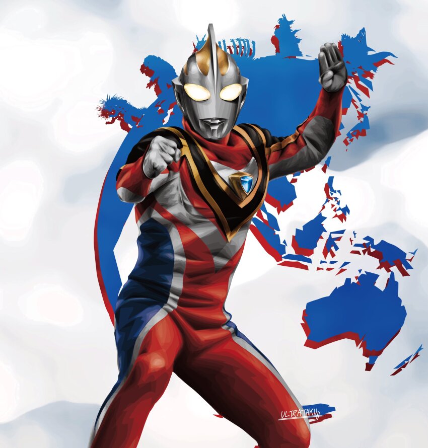 1boy abstract_background alien armor arms_up artist_name blue_skin breastplate clenched_hand color_timer colored_skin commentary compound_eyes continents contrapposto dorsal_fin feet_out_of_frame fighting_stance glowing glowing_eyes gomenos highres kaiju legs_apart looking_at_viewer male_focus mizunoe-no-ryuu monster multicolored_skin muscular muscular_male red_skin shazak shoulder_armor signature silhouette silver_skin solo_focus tigris_(ultra_series) tokusatsu ultra_series ultraman_gaia ultraman_gaia_(series) ultraman_gaia_(supreme_version) ultrataku white_background wrinkled_skin yellow_eyes zonnel