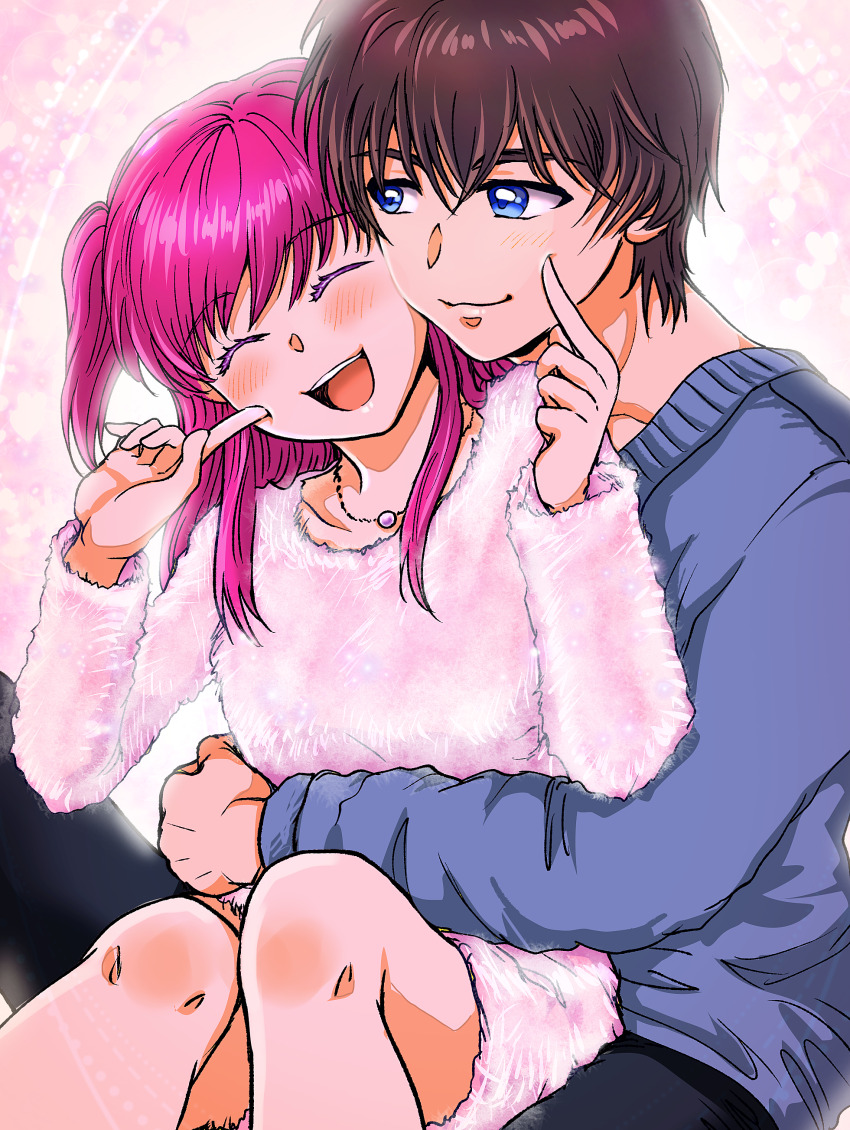 1boy 1girl absurdres amitukichi black_pants blue_eyes blue_sweater blush brown_hair closed_eyes closed_mouth coco_(yes!_precure_5) dress highres hug jewelry kibou_no_chikara_otona_precure_&#039;23 kokoda_kouji long_sleeves medium_hair necklace open_mouth pants pink_dress pink_hair precure short_hair smile sweater two_side_up yes!_precure_5 yes!_precure_5_gogo! yumehara_nozomi