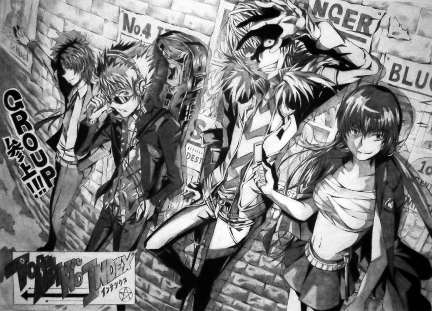1girl 3boys accelerator_(toaru_majutsu_no_index) bad_id bad_pixiv_id bandages blazer breast_bondage breasts cane cellphone choker etzali flashlight fur_collar greyscale grin headphones jacket long_hair medium_breasts monochrome multiple_boys musujime_awaki navel necktie neko_(yanshoujie) nieko phone poster_(medium) poster_(object) posters shirt short_hair side-by-side skirt smile striped_clothes striped_shirt sunglasses toaru_majutsu_no_index tsuchimikado_motoharu twintails unabara_mitsuki wall