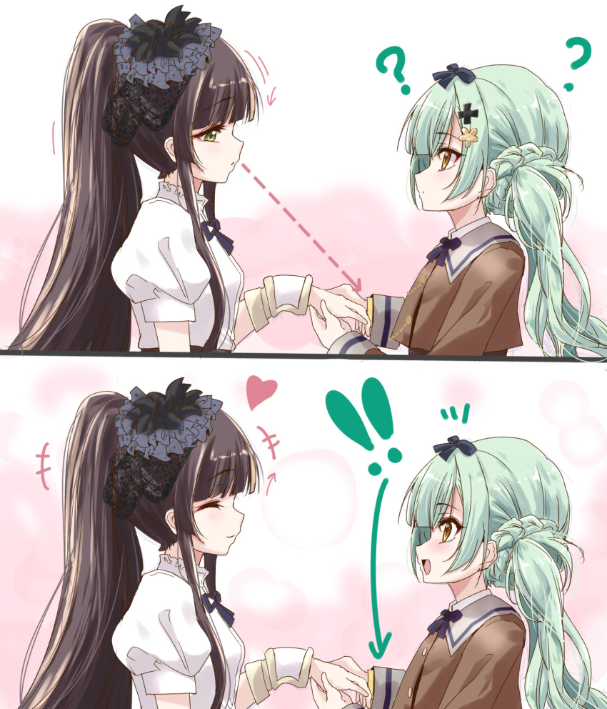 ! !! +++ 2girls 2koma :d ? arm_at_side arrow_(symbol) assault_lily black_flower blue_ribbon blunt_bangs blush bracelet bracer braid breasts brown_hair brown_jacket buttons closed_mouth comic commentary_request dotted_line facing_another flower frilled_shirt_collar frills from_side gradient_background green_eyes green_hair hair_flower hair_ornament hair_ribbon hand_up hands_up heart highres holding_hands jacket jewelry kamigoori_marimo light_blush long_hair long_sleeves looking_at_another looking_down low_twintails motion_lines multiple_girls neck_ribbon notice_lines open_mouth pink_background ponytail profile puffy_short_sleeves puffy_sleeves ribbon school_uniform shirt short_sleeves sidelocks silent_comic small_breasts smile twintails ueda_imari upper_body urutsu_sahari white_background white_shirt yellow_eyes yellow_flower
