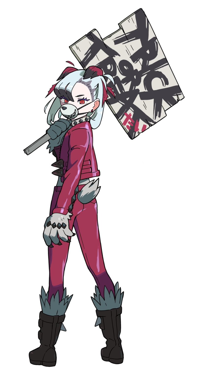 1girl animal_hands black_boots black_hair boots collar commentary_request cosplay earrings eyelashes full_body gen_7_pokemon gloves hand_up highres holding holding_sign jacket jewelry looking_at_viewer looking_back lycanroc lycanroc_(midnight) lycanroc_(midnight)_(cosplay) marnie_(pokemon) mask mouth_mask multicolored_hair nintendo oomura_yuusuke pants paw_gloves pokemon pokemon_swsh red_eyes red_jacket red_pants sign simple_background solo standing white_background white_hair