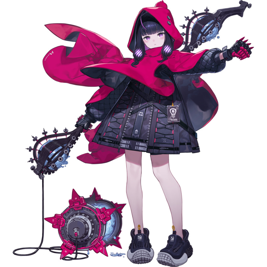 1girl arknights ball_and_chain_(weapon) bare_legs belt black_belt black_gloves black_hair black_jacket blunt_bangs blush cloak closed_mouth expressionless fish_girl floating_cape full_body gloves holding holding_staff holding_weapon hood hood_up jacket kuroboshi_kouhaku legs_apart looking_at_viewer low-tied_sidelocks multicolored_hair nishikiori_sarasa_(arknights) official_art outstretched_arm purple_eyes purple_hair red_cloak red_hood shoes sidelocks simple_background sneakers solo staff standing streaked_hair tachi-e third-party_source transparent_background two-sided_cloak two-sided_fabric weapon