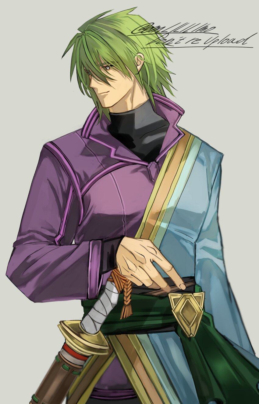 1boy absurdres arm_out_of_sleeve black_undershirt colored_skin fire_emblem fire_emblem:_radiant_dawn green_hair green_sash highres jacket male_focus nintendo omlililimo orange_skin purple_jacket sash scabbard sheath solo stefan_(fire_emblem) waist_sash