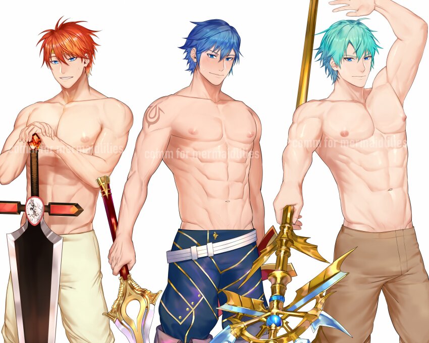 3boys abs aqua_hair arm_tattoo blue_eyes blue_hair blue_pants brown_pants chrom_(fire_emblem) commission durandal_(fire_emblem) eliwood_(fire_emblem) ephraim_(fire_emblem) fire_emblem fire_emblem:_the_blazing_blade fire_emblem:_the_sacred_stones fire_emblem_awakening highres holding holding_sword holding_weapon male_focus multiple_boys muscular muscular_male navel nintendo nipples orange_hair pants short_hair stomach sword tattoo topless_male weapon white_pants zhineart