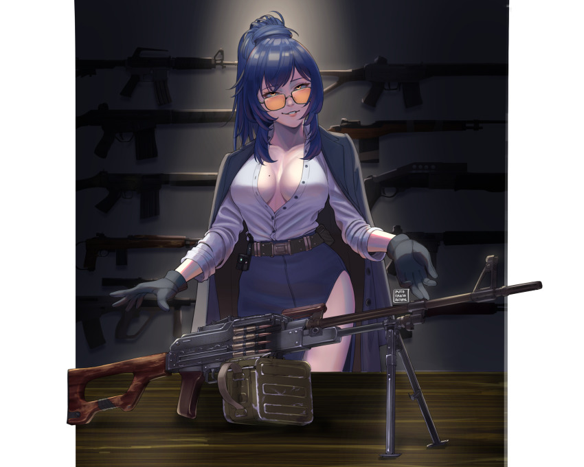 1girl 7.62x54mmr ammunition ammunition_belt ammunition_box assault_rifle belt black-framed_eyewear black_belt black_gloves black_hair black_skirt bolt-action_rifle breasts breasts_apart bullet bullpup cleavage commentary commission dual-mode_shotgun english_commentary full-power_cartridge glasses gloves grin gun highres large_breasts long_hair long_sleeves m16 machine_gun medium_machine_gun mole mole_on_breast orange-tinted_eyewear original pkp_pecheneg ponytail pump-action_shotgun pump_action puto_trash rifle rifle_cartridge semi-automatic_shotgun shotgun skirt smile solo spas-12 standing steyr_aug tinted_eyewear virtual_youtuber weapon weapon_request