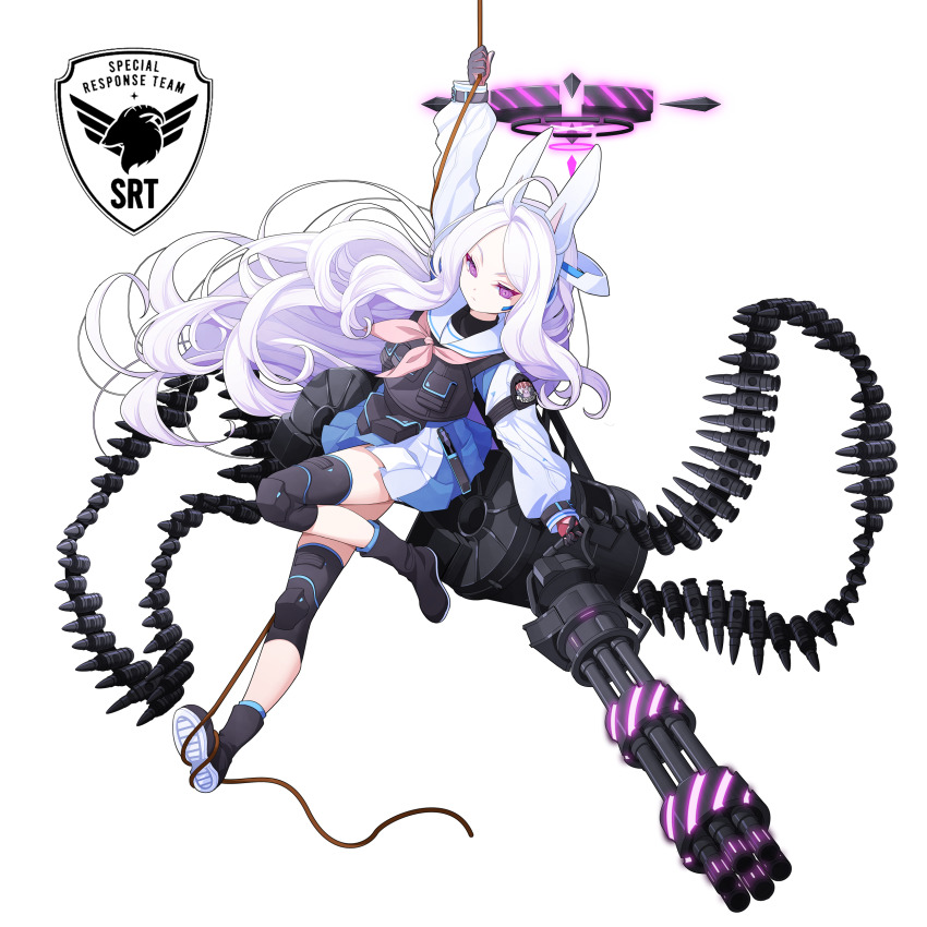 1girl absurdres ahoge ammunition_belt arm_up black_boots black_gloves blue_archive blue_shirt blue_skirt boots closed_mouth commentary_request cosplay full_body gatling_gun gloves gun halo headgear headset highres hina_(blue_archive) holding holding_gun holding_weapon knee_pads koflif long_hair miyako_(blue_archive) miyako_(blue_archive)_(cosplay) neckerchief parted_bangs pink_gloves pink_neckerchief pleated_skirt purple_eyes rope sailor_collar school_uniform serafuku shirt shoe_soles simple_background skirt solo very_long_hair weapon white_background white_hair white_sailor_collar