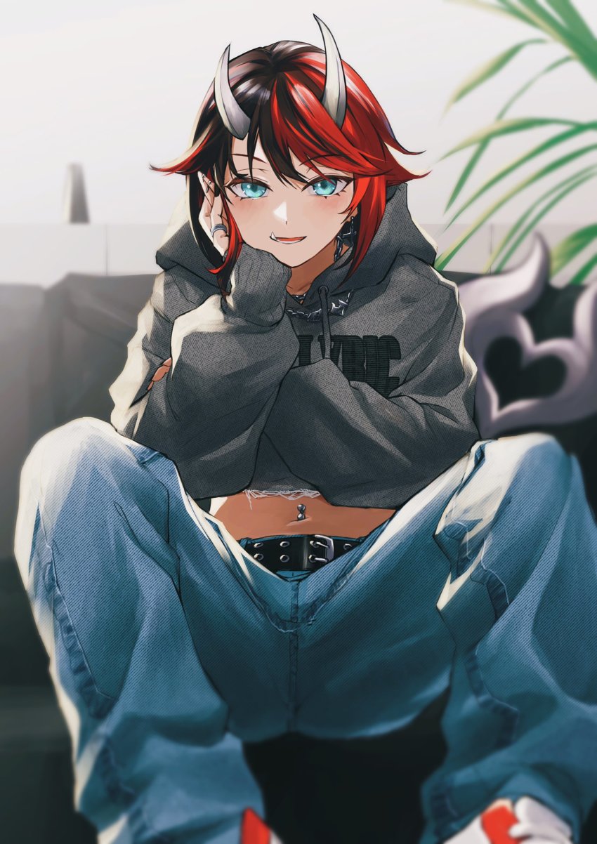 1girl alternate_costume belt black_belt black_hair blue_eyes blue_pants blush commentary_request couch cropped_hoodie demon_girl demon_horns demon_tail denim ear_piercing earrings feet_out_of_frame gin_(tttetu123) grey_hoodie hand_on_own_cheek hand_on_own_face highres hood hood_down hoodie horns jeans jewelry long_sleeves looking_at_viewer midriff multicolored_hair nanashi_inc. navel navel_piercing open_mouth pants piercing plant pointy_ears potted_plant red_hair red_shoes ring ryugasaki_rene shoes short_hair sitting smile sneakers solo sugar_lyric tail two-tone_hair virtual_youtuber