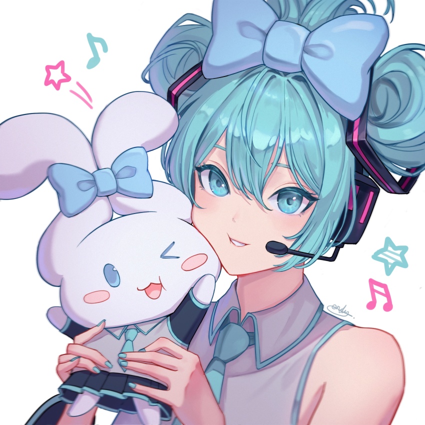 &gt;_o 1girl absurdres aendi_en_d_endei aqua_eyes aqua_hair aqua_necktie arm_up blush_stickers bow cinnamiku cinnamoroll collared_shirt commentary_request double_bun hair_between_eyes hair_bow hair_bun hair_ornament hatsune_miku headset highres holding korean_commentary looking_at_viewer musical_note necktie one_eye_closed parted_lips shirt signature simple_background skirt sleeveless smile upper_body vocaloid white_background
