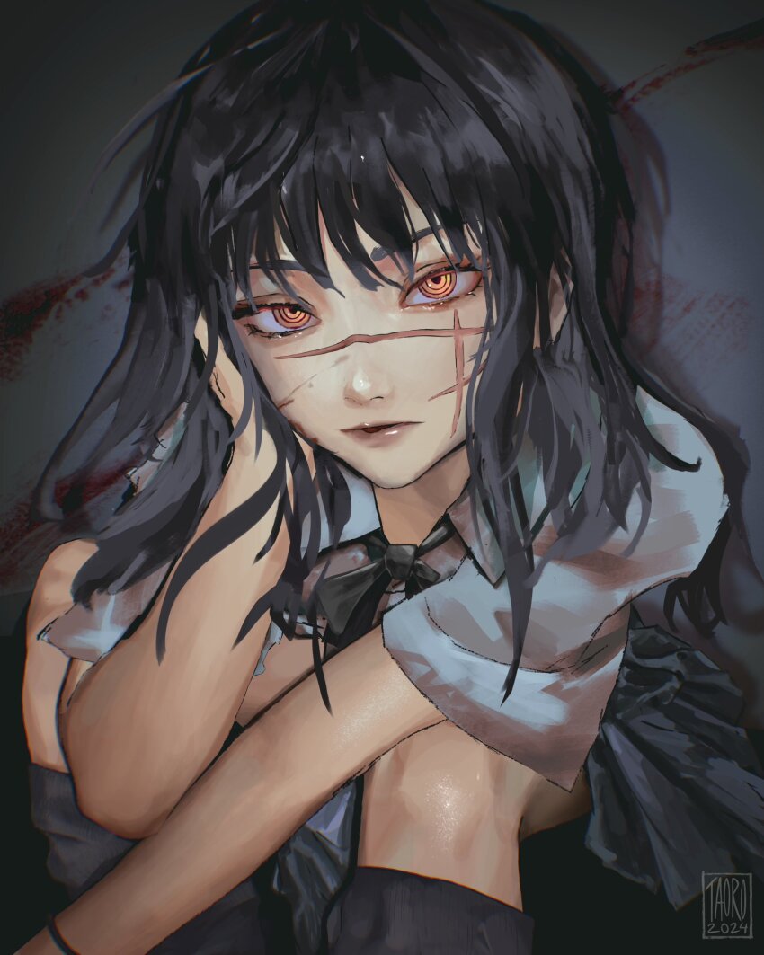 1girl artist_logo artist_name black_hair chainsaw_man cross_scar dated dress facial_scar fourth_east_high_school_uniform head_rest highres logo long_hair looking_at_viewer pinafore_dress red_eyes redrawn ringed_eyes scar scar_on_cheek scar_on_face school_uniform sleeveless sleeveless_dress solo taorotana yoru_(chainsaw_man)