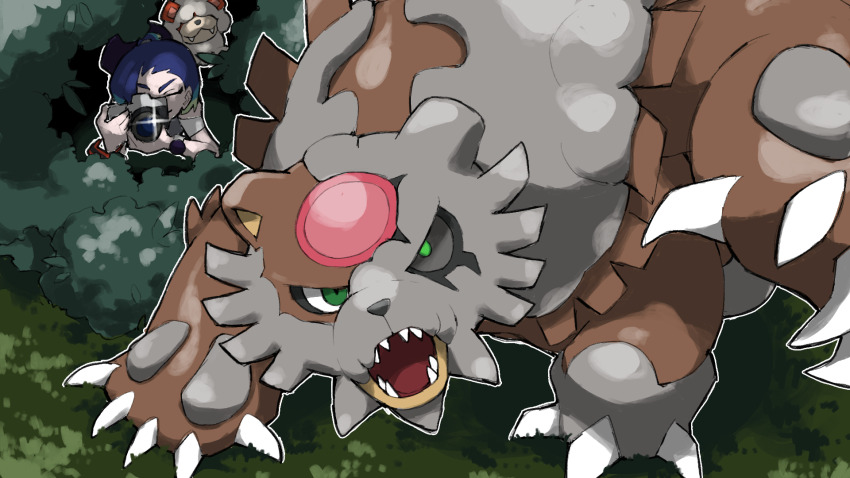 1girl :3 blacknirrow bloodmoon_ursaluna blue_hair bush camera claws closed_mouth colored_sclera creatures_(company) eyelashes fangs game_freak glint grass green_eyes grey_sclera highres hisuian_growlithe holding holding_camera mismatched_sclera nintendo open_mouth outline perrin_(pokemon) pokemon pokemon_(creature) pokemon_focus pokemon_sv sharp_teeth short_hair smile solo_focus teeth ursaluna v-shaped_eyes white_outline
