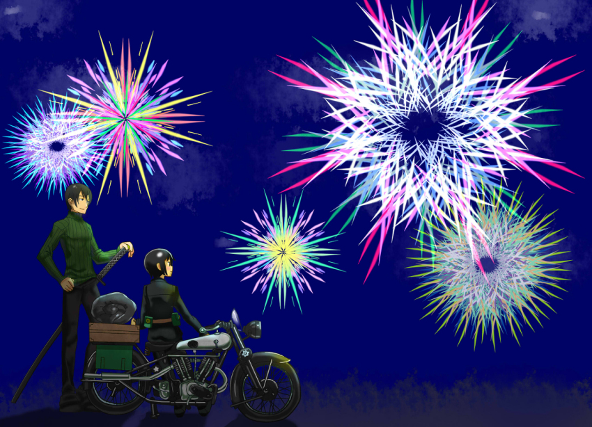 00s 1boy 1girl androgynous fireworks hermes_(kino_no_tabi) kino_(kino_no_tabi) kino_no_tabi motor_vehicle motorcycle shizu_(kino_no_tabi) short_hair sword tagme weapon