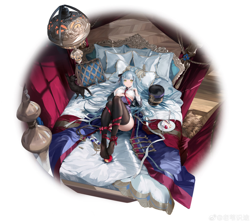 1girl absurdres apple bed black_cat black_thighhighs breast_suppress breasts bullet cake canopy_bed cat clukay_(neural_cloud) clukay_(yes_your_majesty)_(neural_cloud) food fork from_above fruit full_body girls&#039;_frontline girls&#039;_frontline_neural_cloud gloves green_eyes grey_hair highres hk416_(girls&#039;_frontline) laowei_shi_tu looking_at_viewer lying necktie official_alternate_costume official_art on_back on_bed pillow plate red_necktie red_ribbon ribbon solo strawberry_shortcake teardrop_facial_mark thighhighs underboob white_gloves