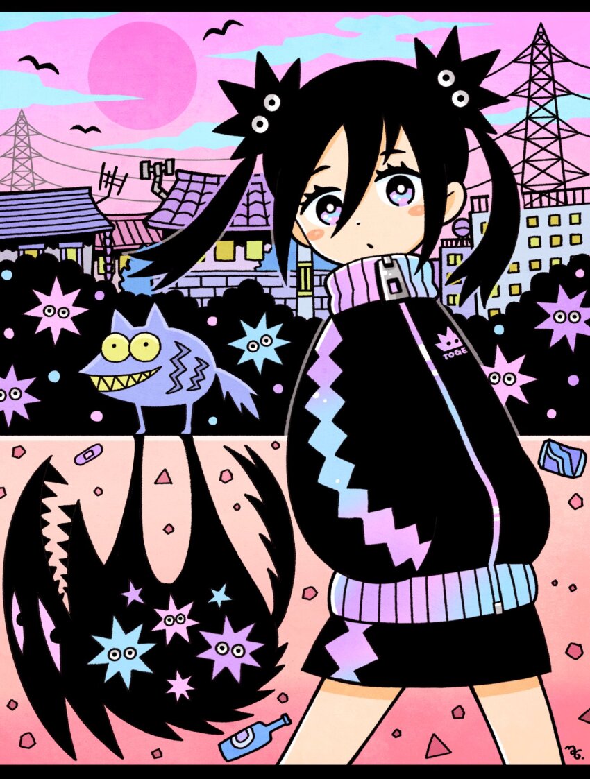 1girl black_hair black_jacket black_skirt blue_eyes blush_stickers bright_pupils cloud colored_sclera cowboy_shot creature different_shadow dot_nose garouma hair_between_eyes hands_in_pockets highres jacket long_hair long_sleeves looking_at_another looking_at_viewer moon multicolored_eyes original outdoors oversized_zipper parted_lips power_lines purple_eyes purple_moon purple_sky shadow sharp_teeth skirt sky smile solo_focus teeth town transmission_tower trash twintails two-tone_eyes white_pupils yellow_sclera zipper