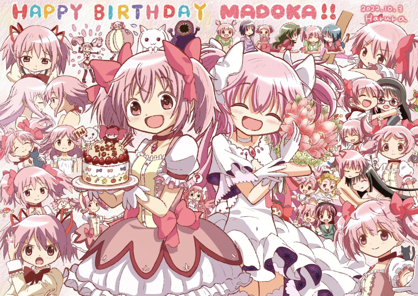 6+girls akemi_homura akemi_homura_(magical_girl) artist_name black_hair blue_hair bow closed_eyes closed_mouth commentary connect_(madoka_magica) green_hair hair_bow happy_birthday highres juliet_sleeves kaname_junko kaname_madoka kaname_madoka_(magical_girl) kaname_madoka_(sexy_madoka) kyubey long_hair long_sleeves luminous_(madoka_magica) magia_record:_mahou_shoujo_madoka_magica_gaiden magical_girl mahou_shoujo_madoka_magica mahou_shoujo_madoka_magica:_hangyaku_no_monogatari mahou_shoujo_madoka_magica:_walpurgis_no_kaiten mahou_shoujo_madoka_magica_(anime) mahou_shoujo_madoka_magica_movie_1_&amp;_2 miki_sayaka mitakihara_school_uniform multiple_girls nyanko_daisensou open_mouth pink_hair puffy_sleeves red_hair sakura_kyoko school_uniform shizuki_hitomi short_hair short_twintails smile tomoe_mami tomoe_mami_(magical_girl) twintails ultimate_madoka white_bow yae_harura