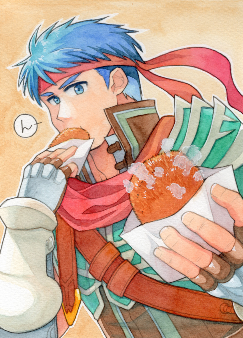 0_0 1boy armor blue_eyes blue_hair collar eating fire_emblem fire_emblem:_radiant_dawn food giving_food gloves headband highres ike_(fire_emblem) ike_(vanguard_legend)_(fire_emblem) looking_at_viewer male_focus nintendo painting_(medium) short_hair solo subasame traditional_media watercolor_(medium)