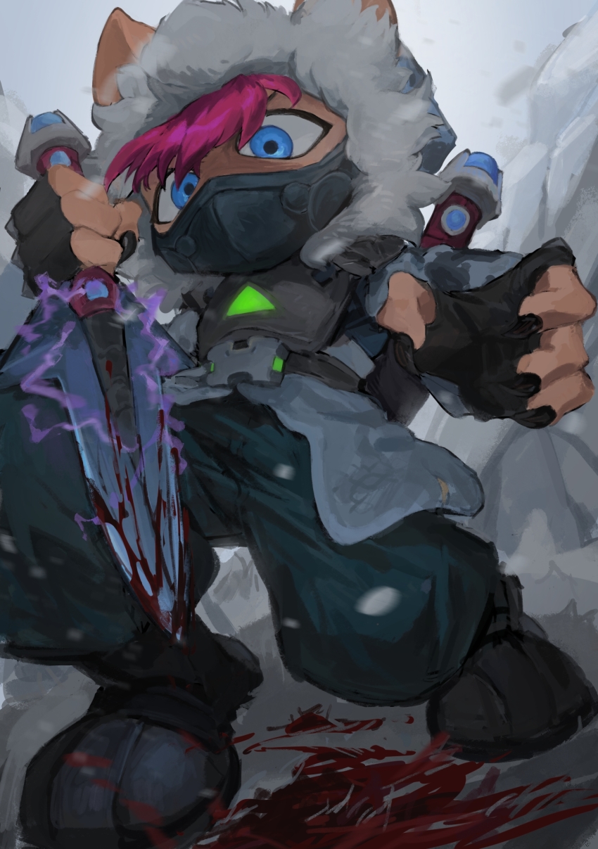 1boy absurdres alternate_costume belt black_gloves black_nails black_pants blood blue_eyes fingerless_gloves full_body fur-trimmed_hood fur_trim ghostgrass gloves grey_jacket highres holding holding_weapon hood hood_up jacket kennen league_of_legends looking_at_viewer mask mouth_mask nail_polish pants pink_hair solo standing weapon weapon_on_back yordle