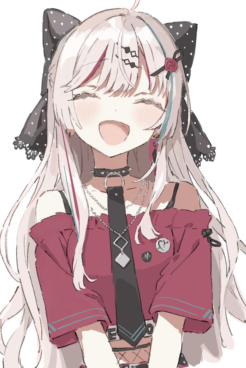 1girl ahoge black_bow black_necktie blue_streaks bow bra_strap choker closed_eyes dot_nose earrings frilled_shirt frills grey_hair h_(eitilog) hair_bow hair_ornament hairclip highres ishigami_nozomi ishigami_nozomi_(1st_costume) jewelry laughing light_blush long_hair multicolored_hair necklace necktie nijisanji off_shoulder open_mouth pin polka_dot polka_dot_bow red_shirt red_streaks shirt short_sleeves simple_background solo spiked_choker spikes streaked_hair upper_body virtual_youtuber white_background