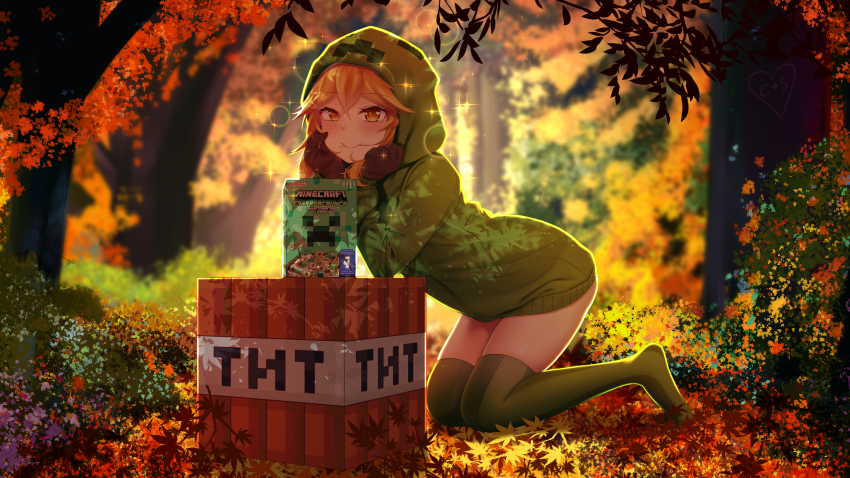 1girl black_gloves blush borrowed_character closed_mouth commentary creeparka creeper cupa_(at2.) day destinyplayer1 english_commentary gloves green_hoodie green_thighhighs highres hood hoodie long_sleeves looking_at_viewer minecraft mob_talker orange_eyes orange_hair outdoors personification smile solo thighhighs