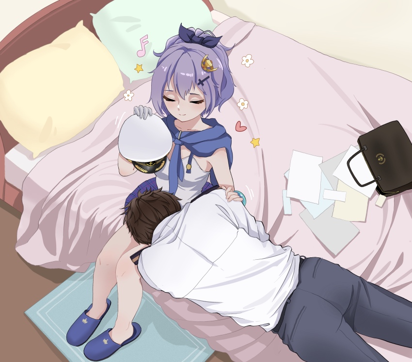 1boy 1girl absurdres azur_lane bare_legs belt black_belt blush breasts brown_hair chaye_mo closed_eyes commander_(azur_lane) commentary_request cross_hair_ornament dress from_above full_body hair_between_eyes hair_ornament hair_ribbon hairpin highres humming indoors javelin_(azur_lane) lap_pillow lying medium_hair musical_note on_bed on_stomach pants purple_hair purple_ribbon ribbon rubbing sandals shirt sitting sleeveless sleeveless_dress small_breasts smile white_dress white_shirt