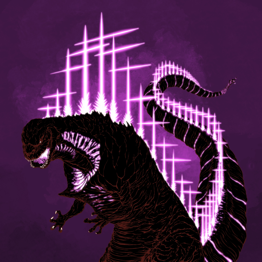 absurdres black_eyes claws commentary cross crossover dan_dagouglas dark_background energy english_commentary glowing glowing_mouth godzilla godzilla_(series) godzilla_(shin) highres kaiju latin_cross looking_at_viewer monster neon_genesis_evangelion no_humans open_mouth pink_background sharp_teeth shin_godzilla solo standing tail_mouth teeth toho upper_body