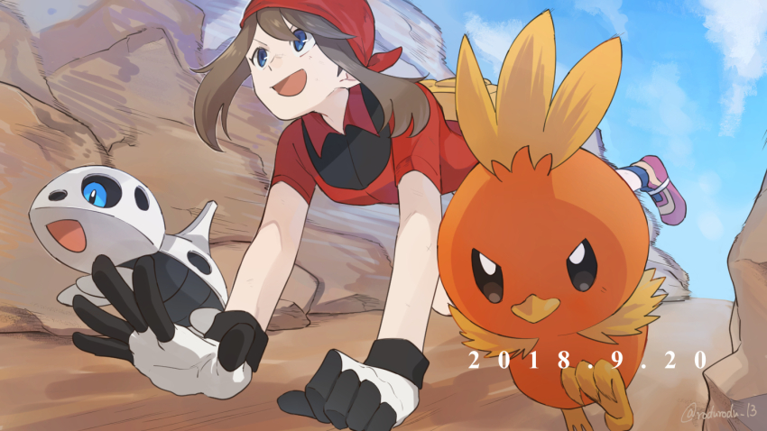 1girl aron bandana black_eyes blue_eyes blue_sky brown_hair dated game_freak gen_3_pokemon gloves may_(pokemon) nintendo open_mouth pokemon pokemon_(creature) pokemon_adventures red_bandana red_shirt rozu_ki running shirt shoes sky socks torchic twitter_username white_gloves