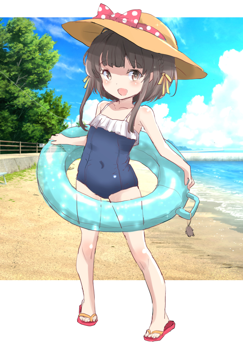 1girl beach black_hair blue_one-piece_swimsuit blue_sky brown_eyes casual_one-piece_swimsuit cloud covered_navel day frilled_one-piece_swimsuit frills fuji_(pixiv24804665) full_body hat hat_ribbon highres horizon innertube kantai_collection ocean one-piece_swimsuit outdoors polka_dot polka_dot_ribbon ribbon sandals short_hair_with_long_locks sky solo sun_hat swim_ring swimsuit ukuru_(kancolle)