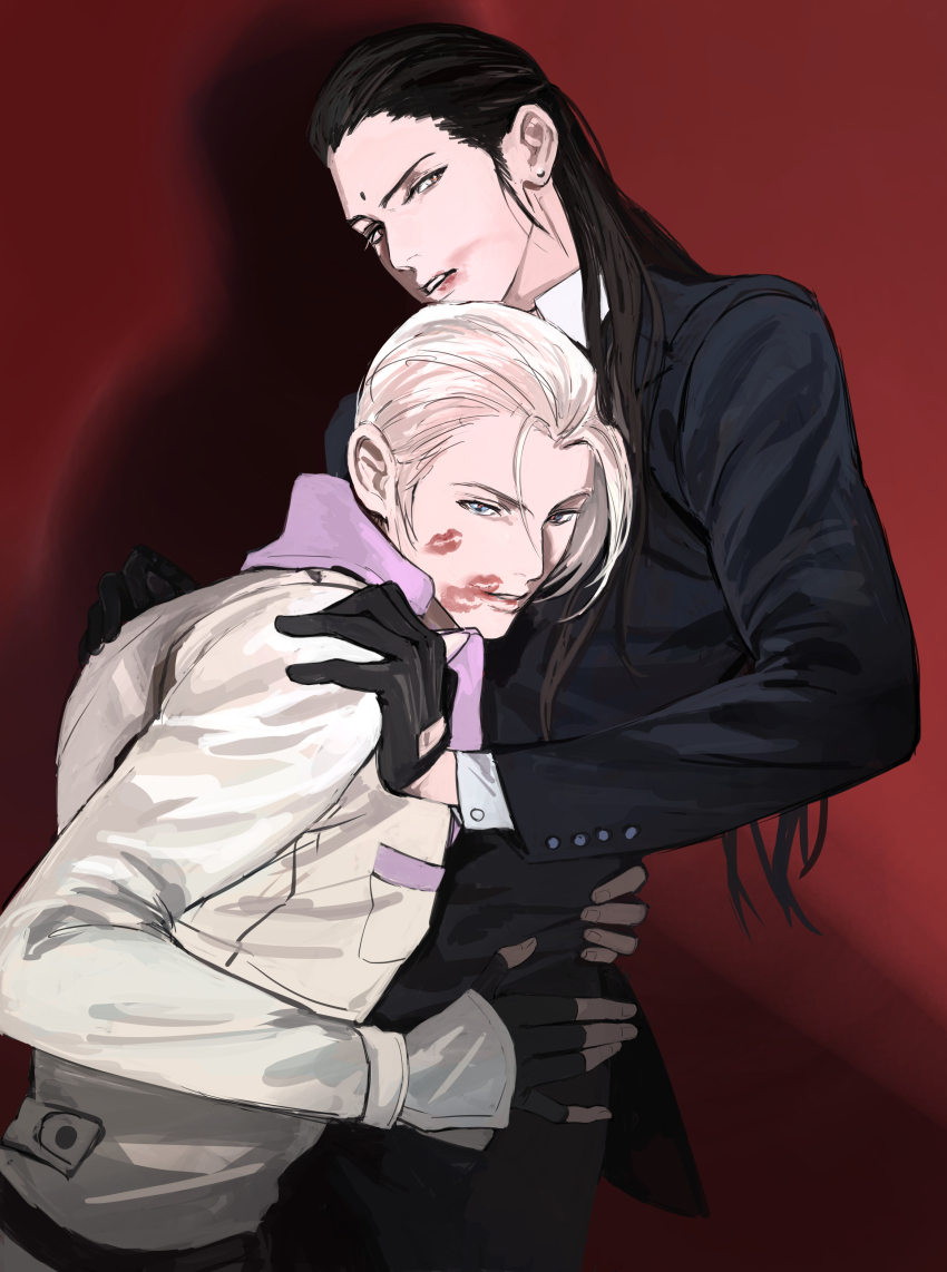 2boys absurdres arms_around_waist black_gloves black_hair black_jacket black_pants black_suit blonde_hair blue_eyes buttoned_cuffs buttons coat commentary earrings facial_mark final_fantasy final_fantasy_vii final_fantasy_vii_remake forehead_mark formal_clothes glove_cutout gloves hair_slicked_back hand_on_another&#039;s_shoulder highres jacket jewelry layered_sleeves lipstick lipstick_mark long_hair looking_to_the_side makeup male_focus multiple_boys pants parted_lips piercing red_background rufus_shinra shadow shou_rou sideways_glance smeared_lipstick stud_earrings suit suit_jacket teeth tseng white_coat yaoi yellow_eyes