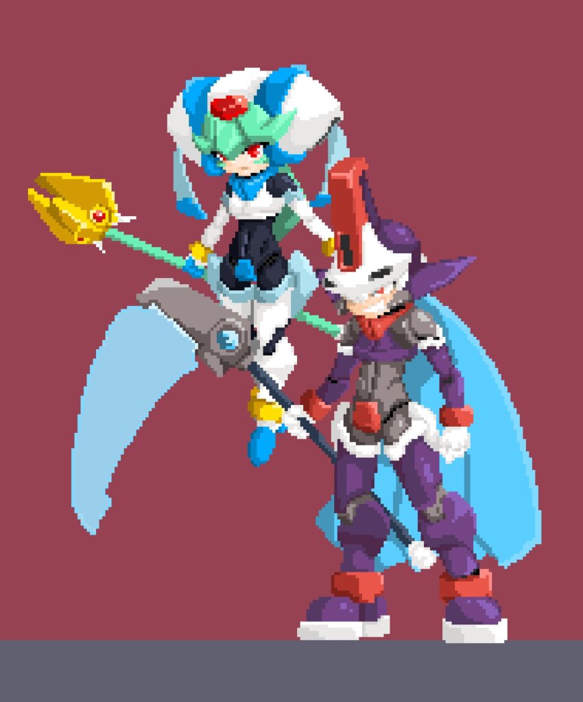 1boy 1girl armor brother_and_sister brown_background crotch_plate floating forehead_jewel full_body helmet highres holding holding_scythe holding_staff mega_man_(series) mega_man_zx midair model_w_(mega_man) pandora_(mega_man) pixel_art power_armor prometheus_(mega_man) purple_armor purple_helmet scythe siblings simple_background skull-shaped_hat staff white_armor white_helmet yohaku_(mynameisyohaku)